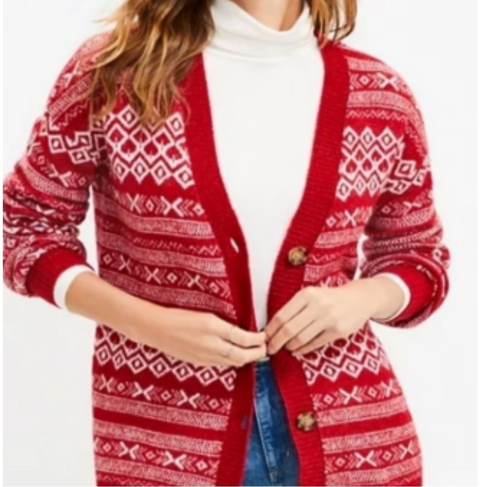 Fair Isle V-Neck Pocket Cardigan, Red and White, NEW